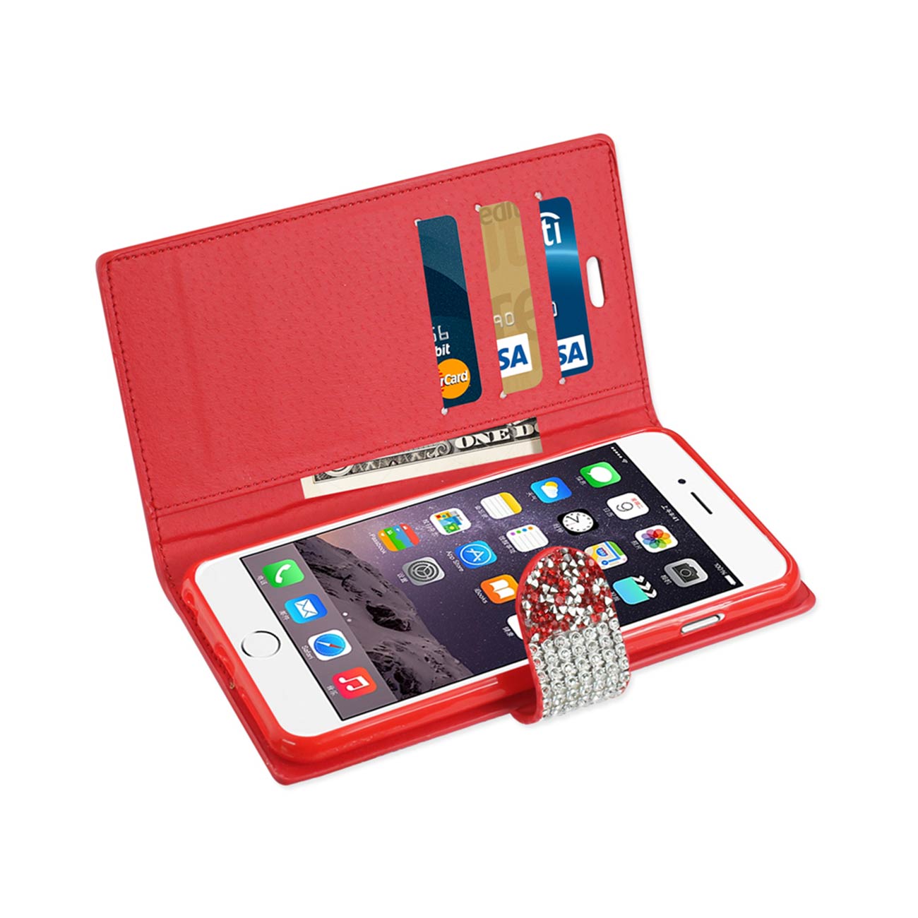 Wallet Case Diamond Rhinestone iPhone 6 Plus Red Color