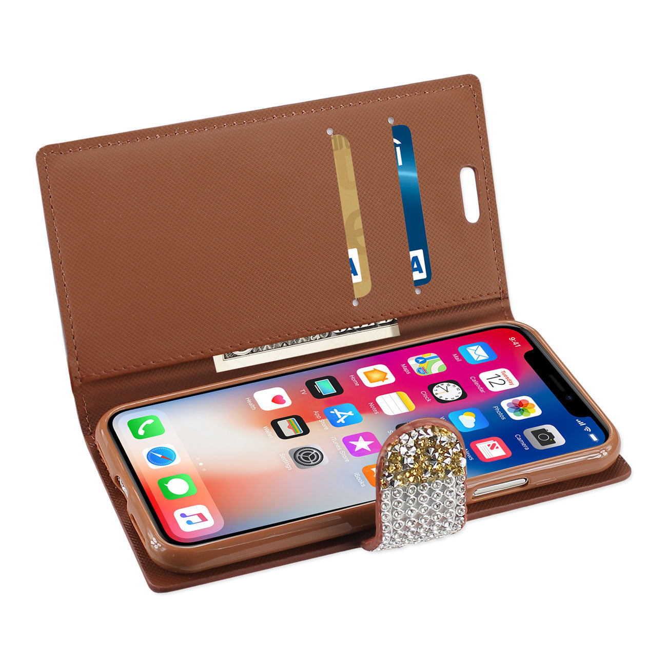 Wallet Case Diamond Rhinestone iPhone X/ iPhone XS Gold Color