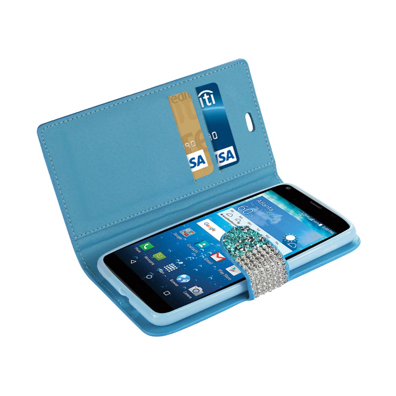 Wallet Case Diamond Rhinestone Kyocera Hydro View Blue Color