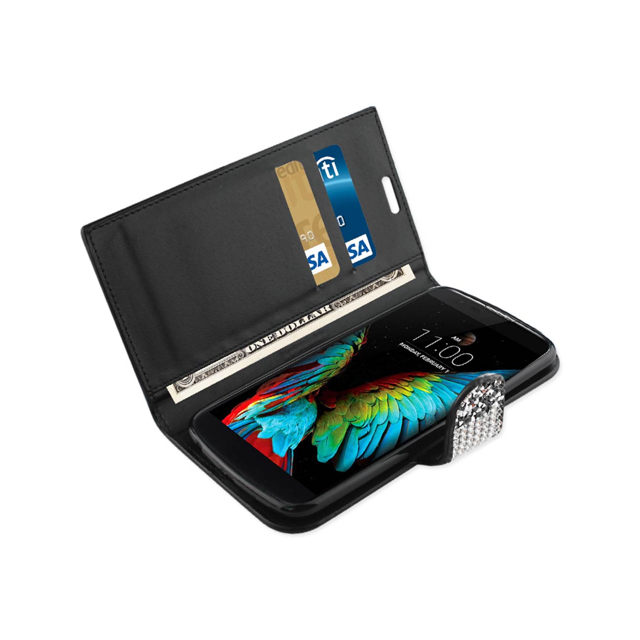 Wallet Case Diamond Rhinestone LG K10 Black Color