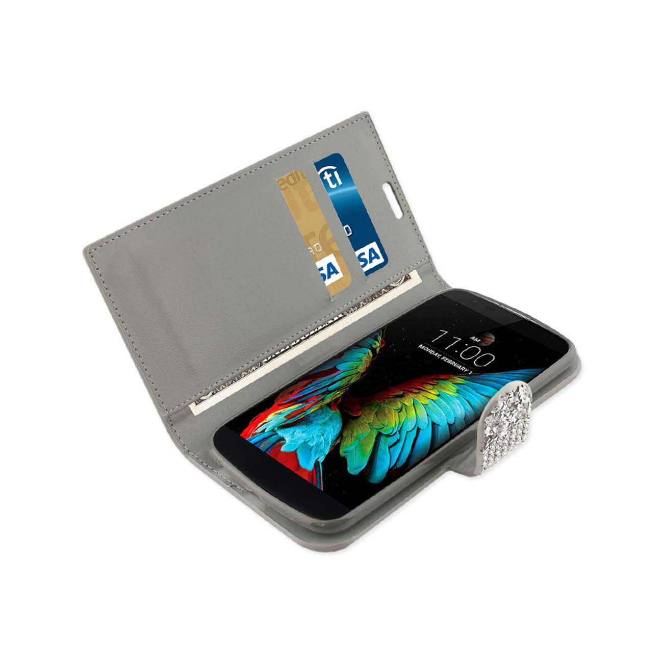 Wallet Case Diamond Rhinestone LG K10 Silver Color