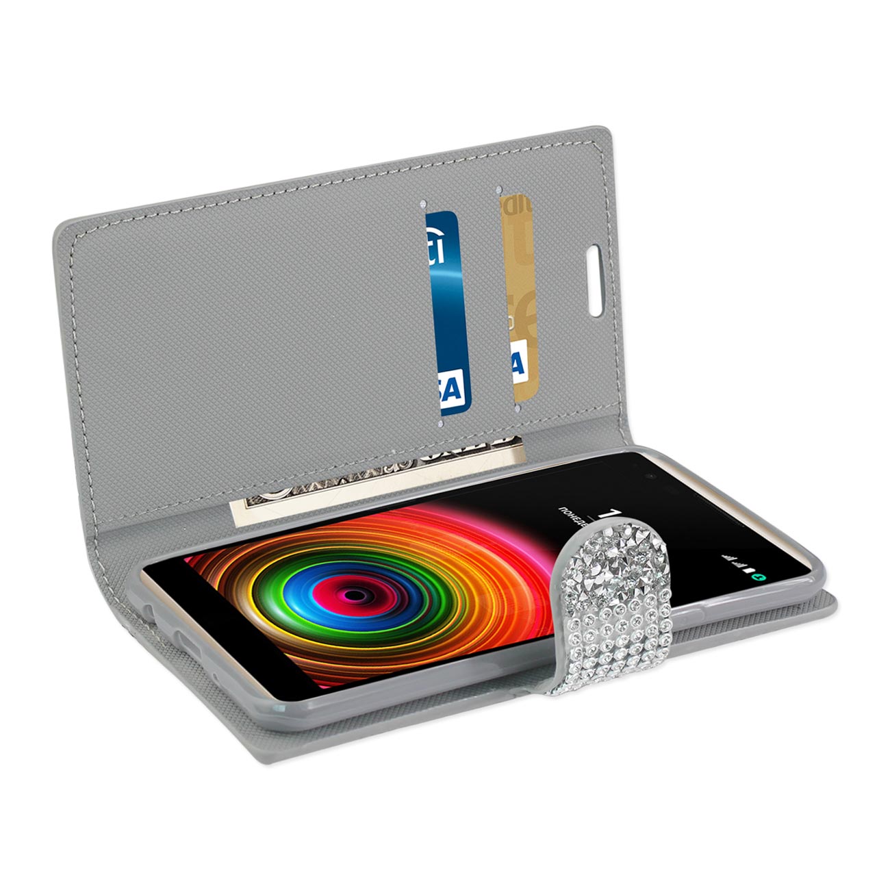 Wallet Case Diamond Rhinestone LG X Power/ K6 Silver Color
