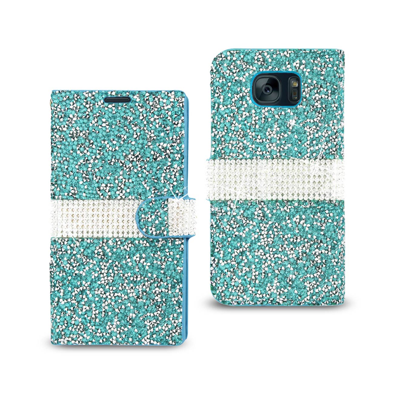 Wallet Case Diamond Rhinestone Samsung Galaxy S7 Edge Blue Color