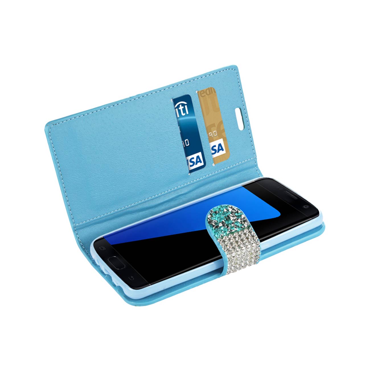 Wallet Case Diamond Rhinestone Samsung Galaxy S7 Edge Blue Color