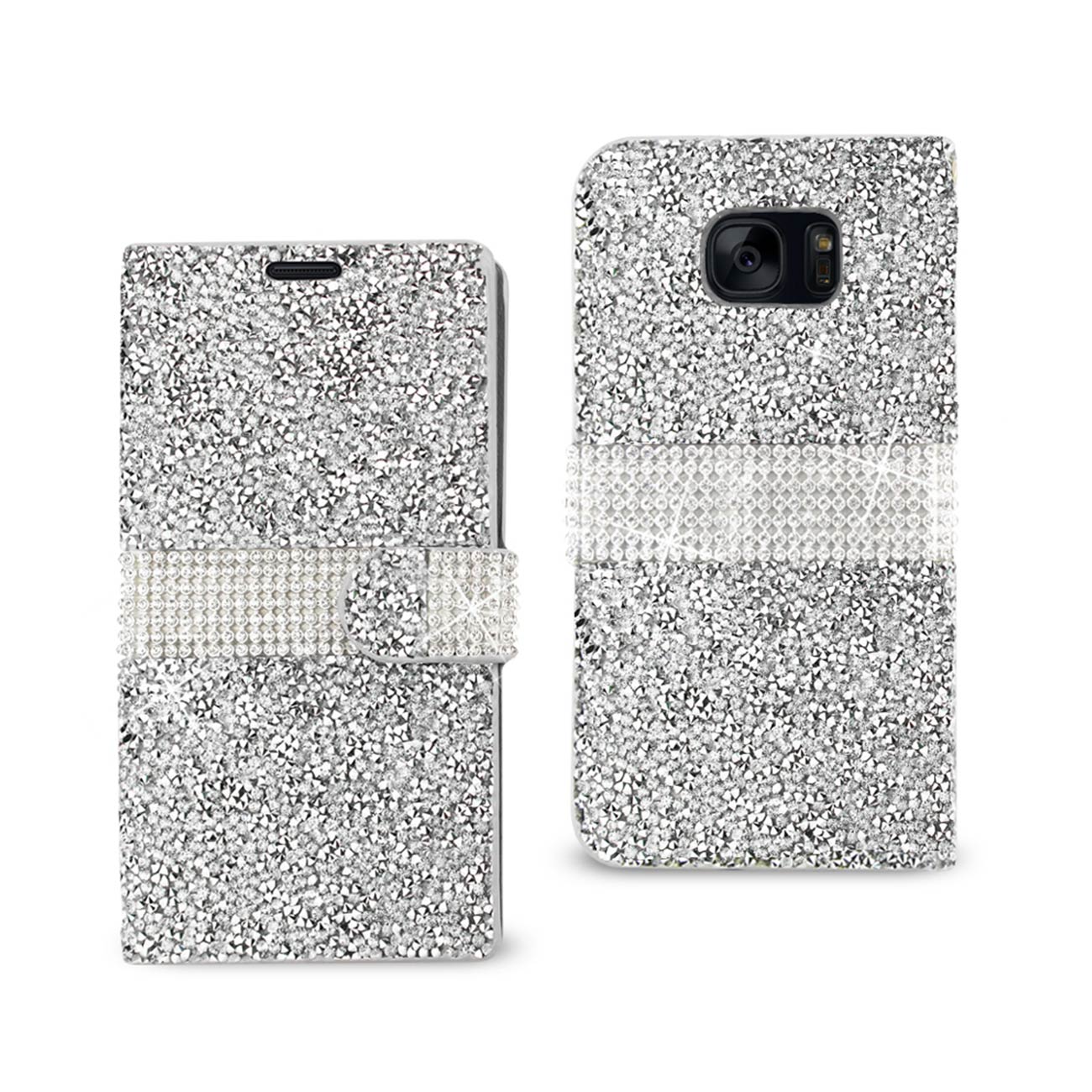 Wallet Case Diamond Rhinestone Samsung Galaxy S7 Edge Silver Color