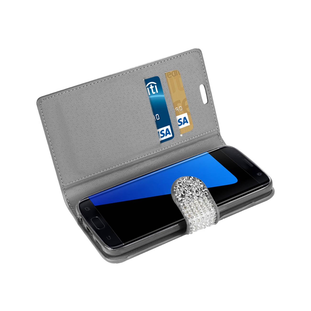 Wallet Case Diamond Rhinestone Samsung Galaxy S7 Edge Silver Color