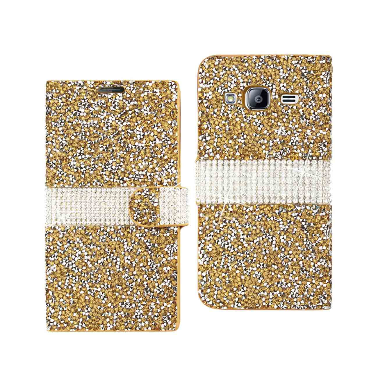 Wallet Case Diamond Rhinestone Samsung Galaxy J3 Gold Color