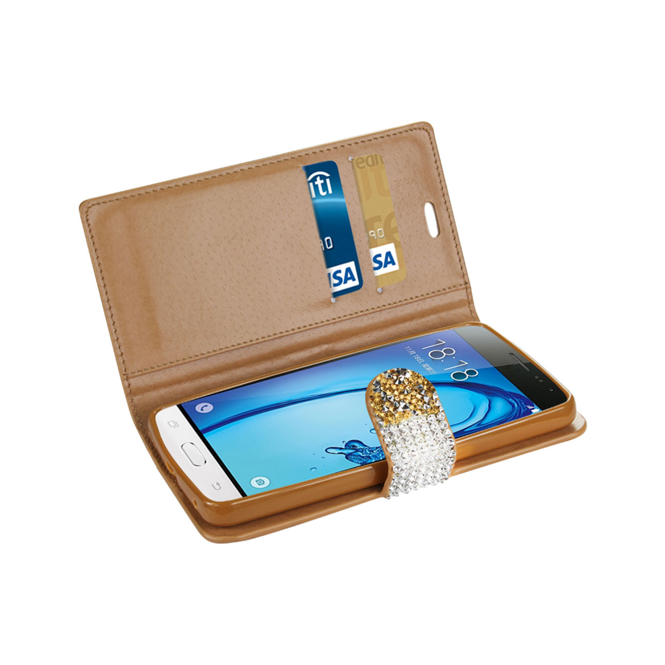 Wallet Case Diamond Rhinestone Samsung Galaxy J3 Gold Color