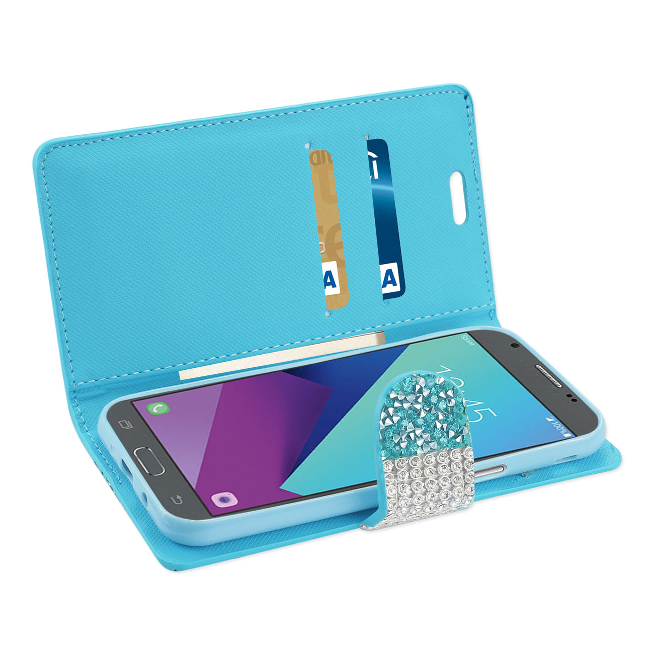 Wallet Case Diamond Rhinestone Samsung Galaxy J3 Emerge Blue Color