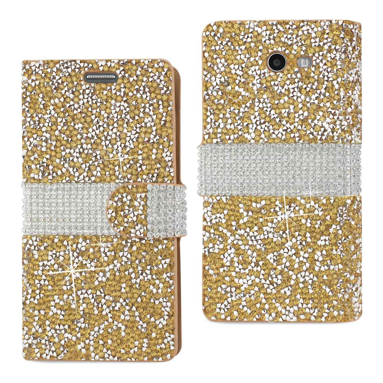Wallet Case Diamond Rhinestone Samsung Galaxy J3 Emerge Gold Color
