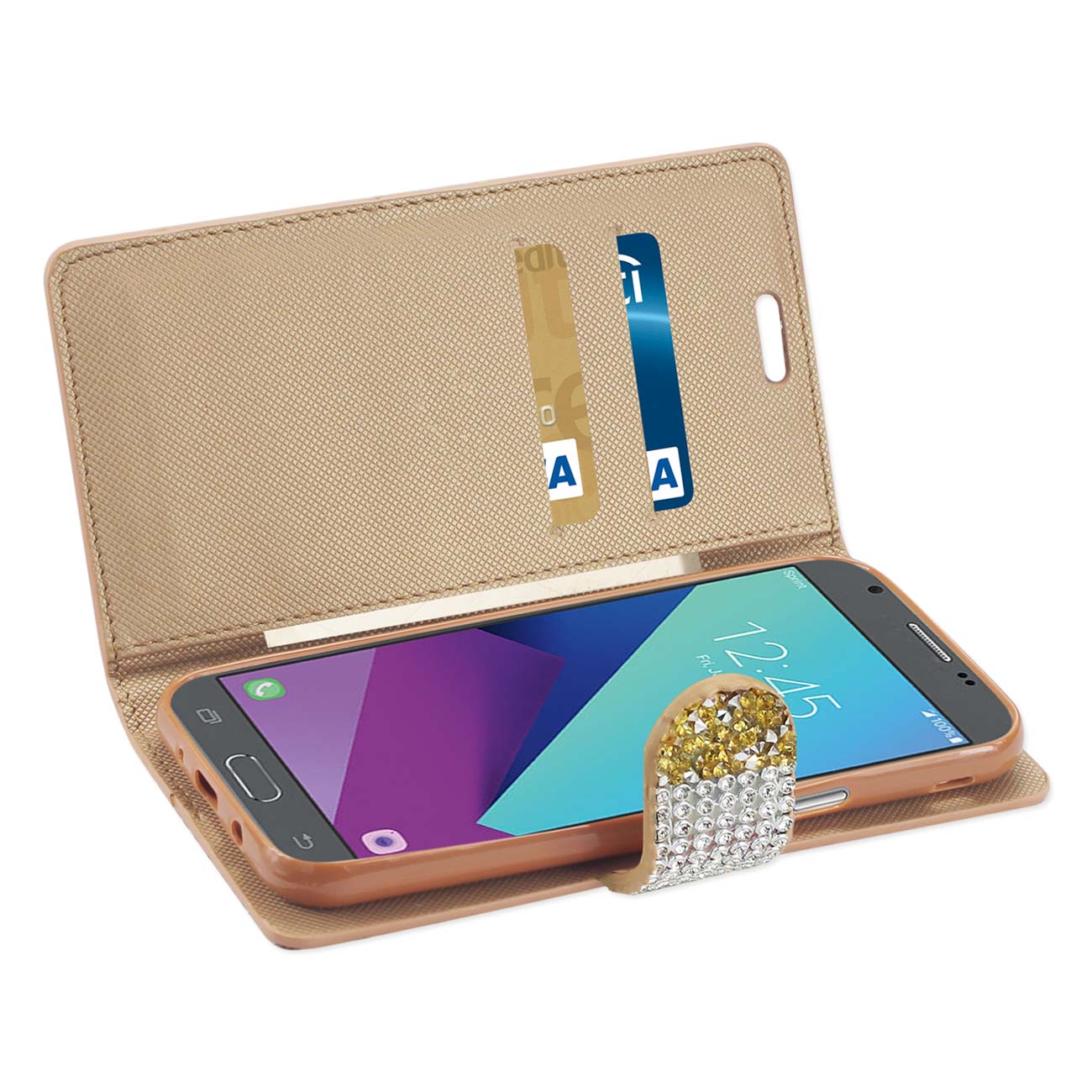 Wallet Case Diamond Rhinestone Samsung Galaxy J3 Emerge Gold Color