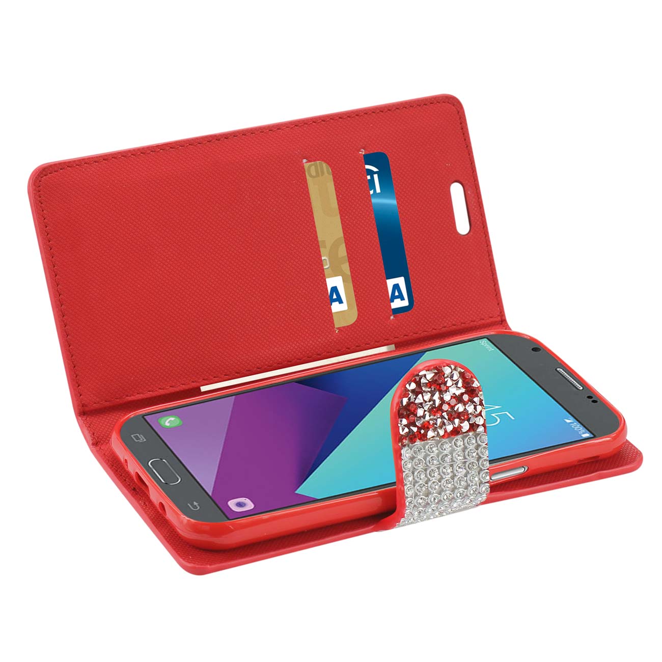 Wallet Case Diamond Rhinestone Samsung Galaxy J3 Emerge Red Color