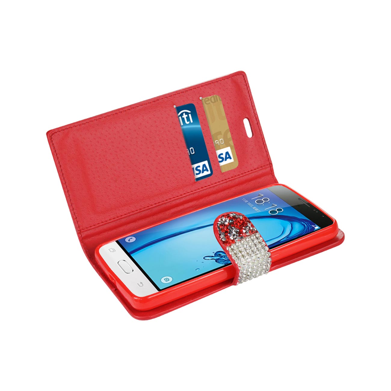 Wallet Case Diamond Rhinestone Samsung Galaxy J3 Red Color