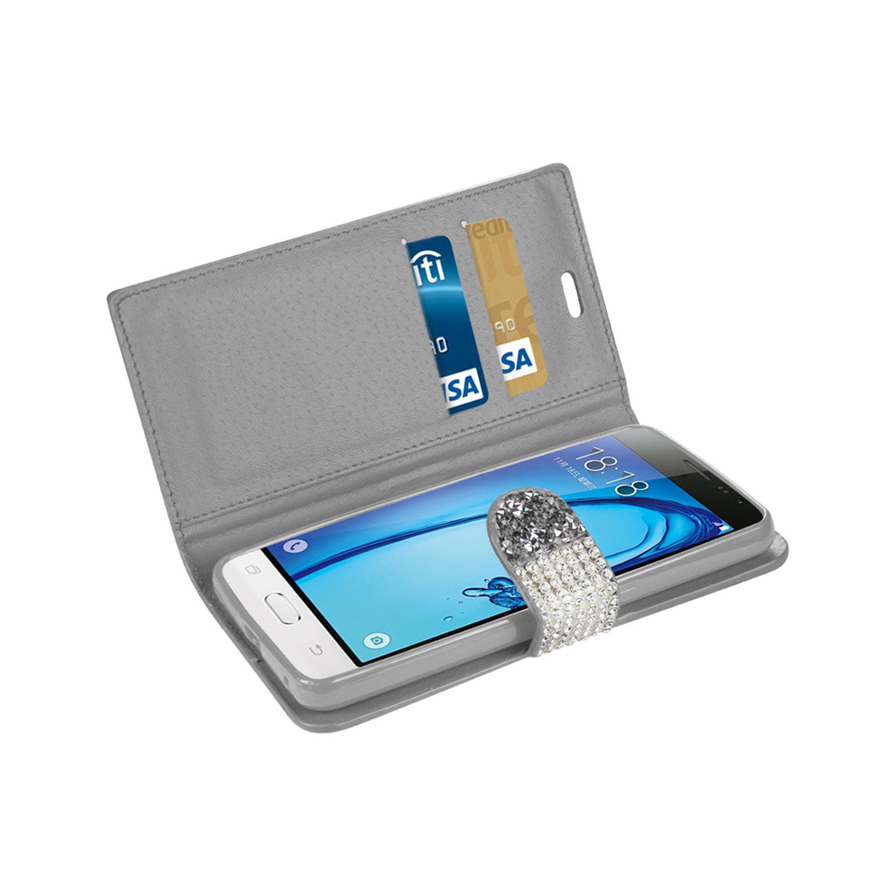 Wallet Case Diamond Rhinestone Samsung Galaxy J3 Silver Color