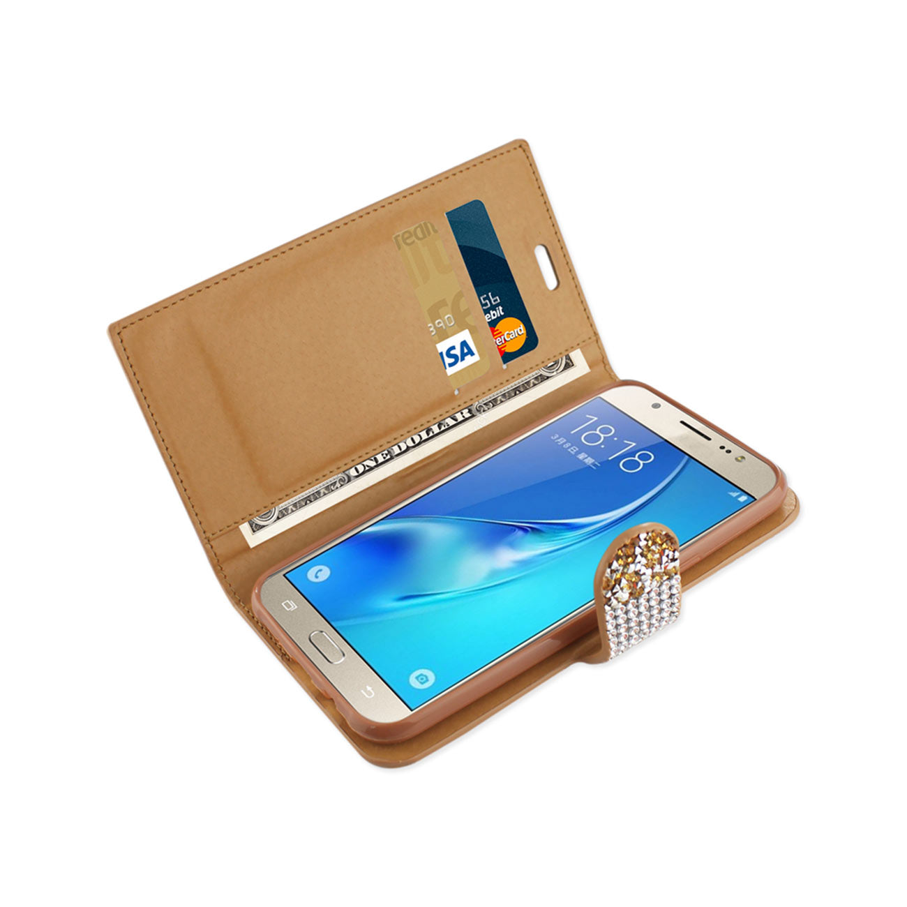 Wallet Case Diamond Rhinestone Samsung Galaxy J7 Gold Color