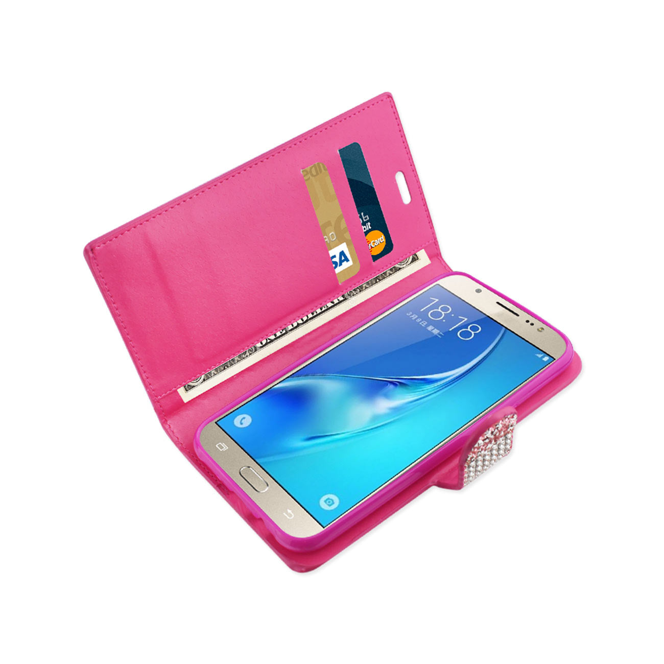 Wallet Case Diamond Rhinestone Samsung Galaxy J7 Pink Color