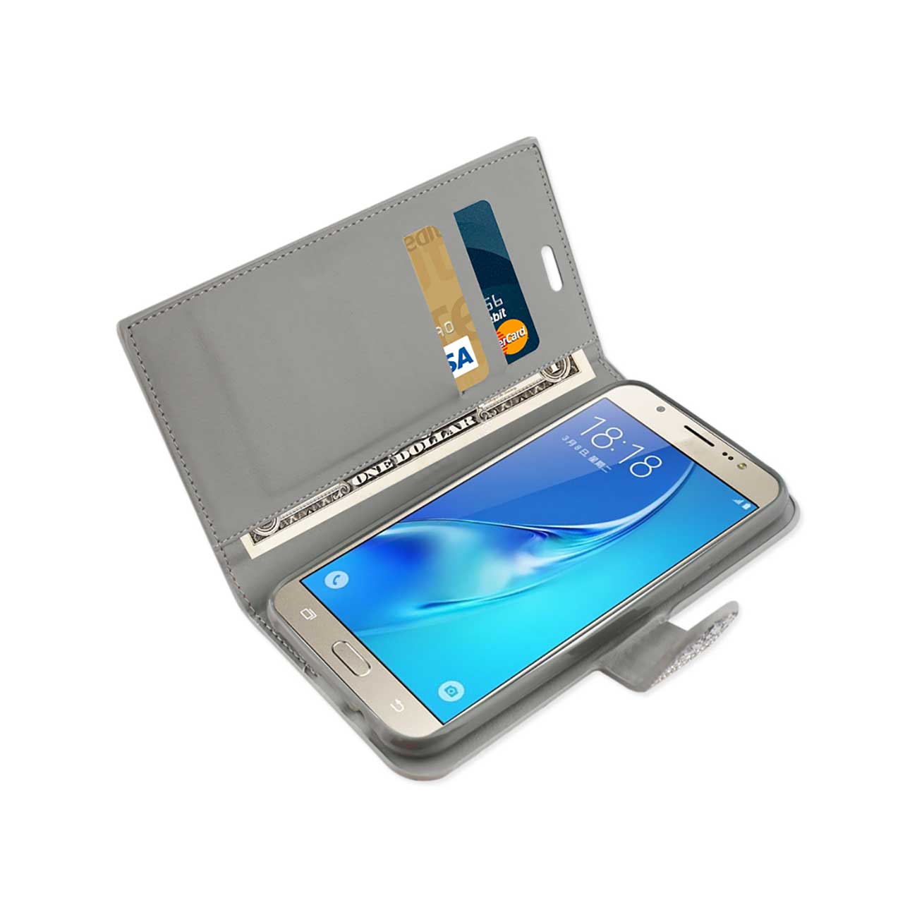 Wallet Case Diamond Rhinestone Samsung Galaxy J7 Silver Color