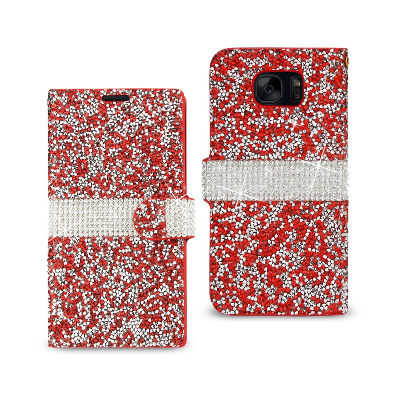Wallet Case Diamond Rhinestone Samsung Galaxy S7 Red Color