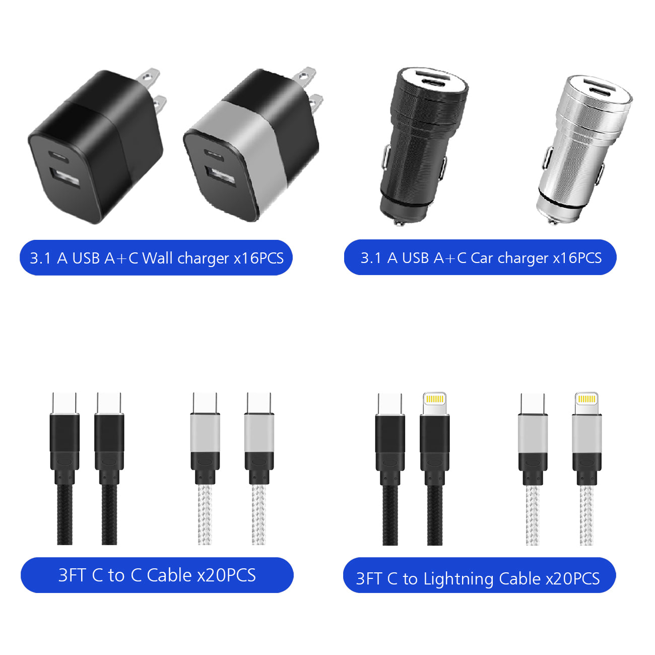 2.4A USB A + C WALL /charger 3.1 A usb a+ c car charger /3 ft c to c cable /3ft c to lightning cable in counter display total 72pcs