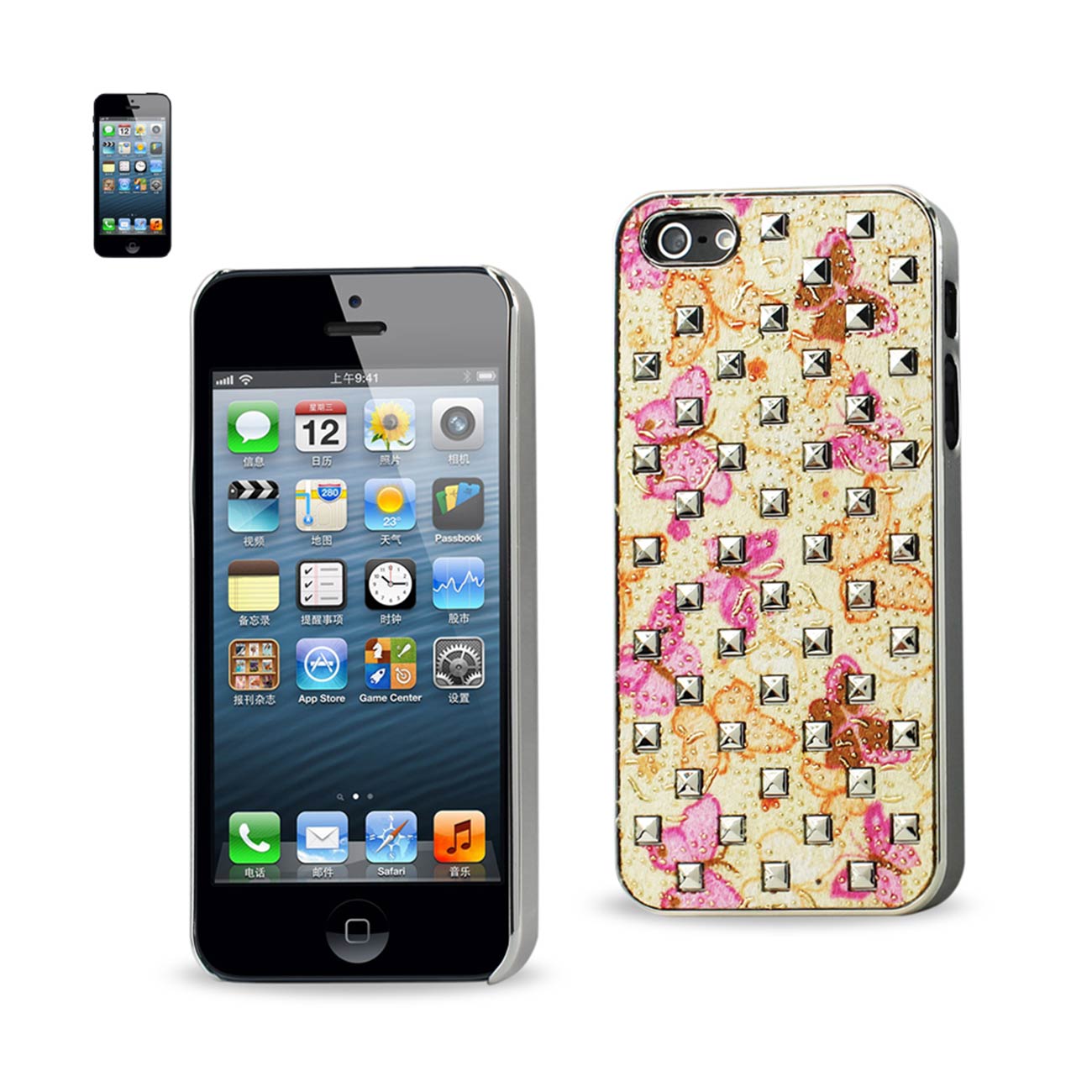 Case Studded Plating Rivets Butterflies Design iPhone SE/ 5S/ 5 Hot Pink Color