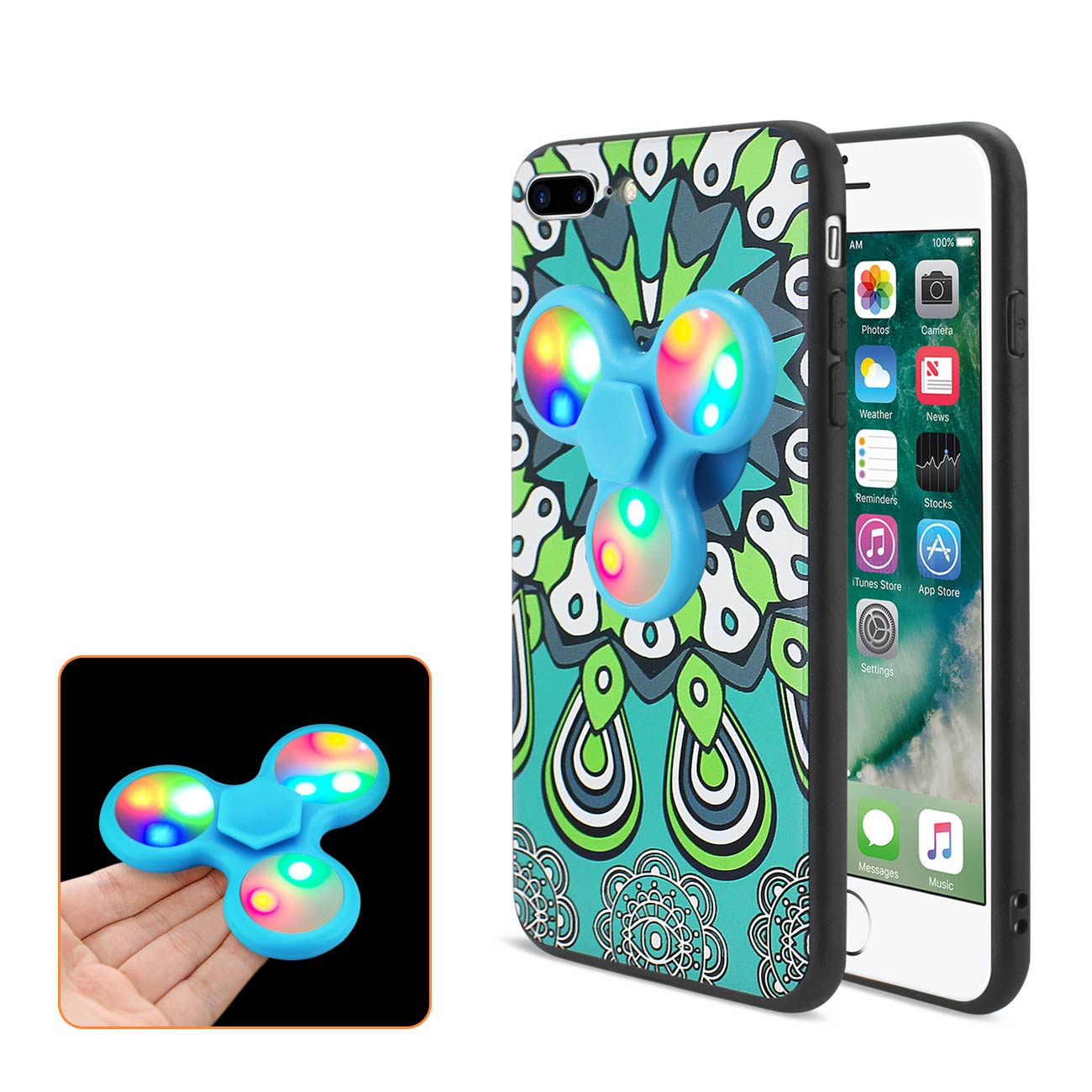 Design The Inspiration Of Peacock iPhone 7 Plus Case With Led Fidget Spinner In Turquoise