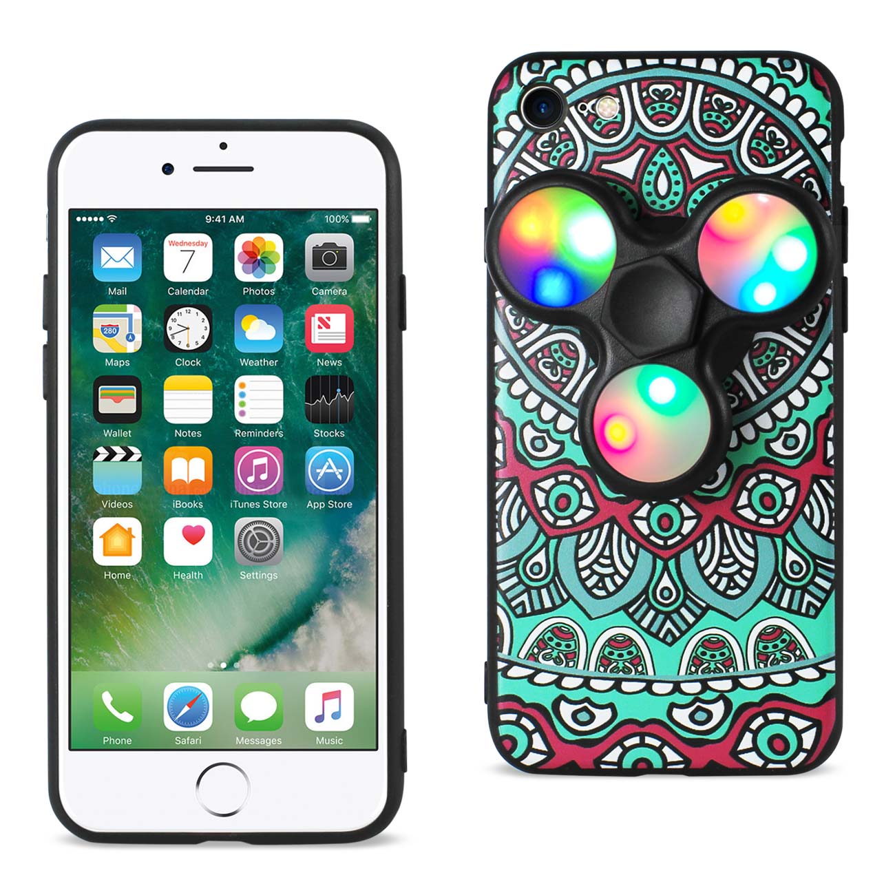 Case LED Fidget Spinner Clip On The Inspiration Of Peacock Design iPhone 7/ 8/ SE2 Teal Color