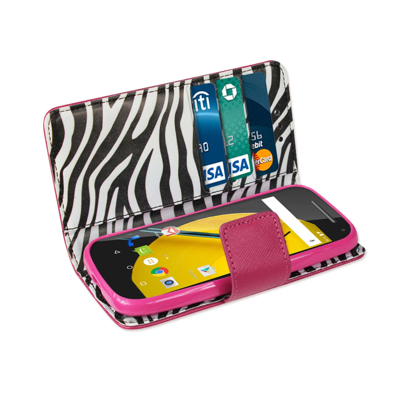 Wallet Case 3-In-1 Interior Zebra Pattern Motorola Moto E 2015 Hot Pink Color