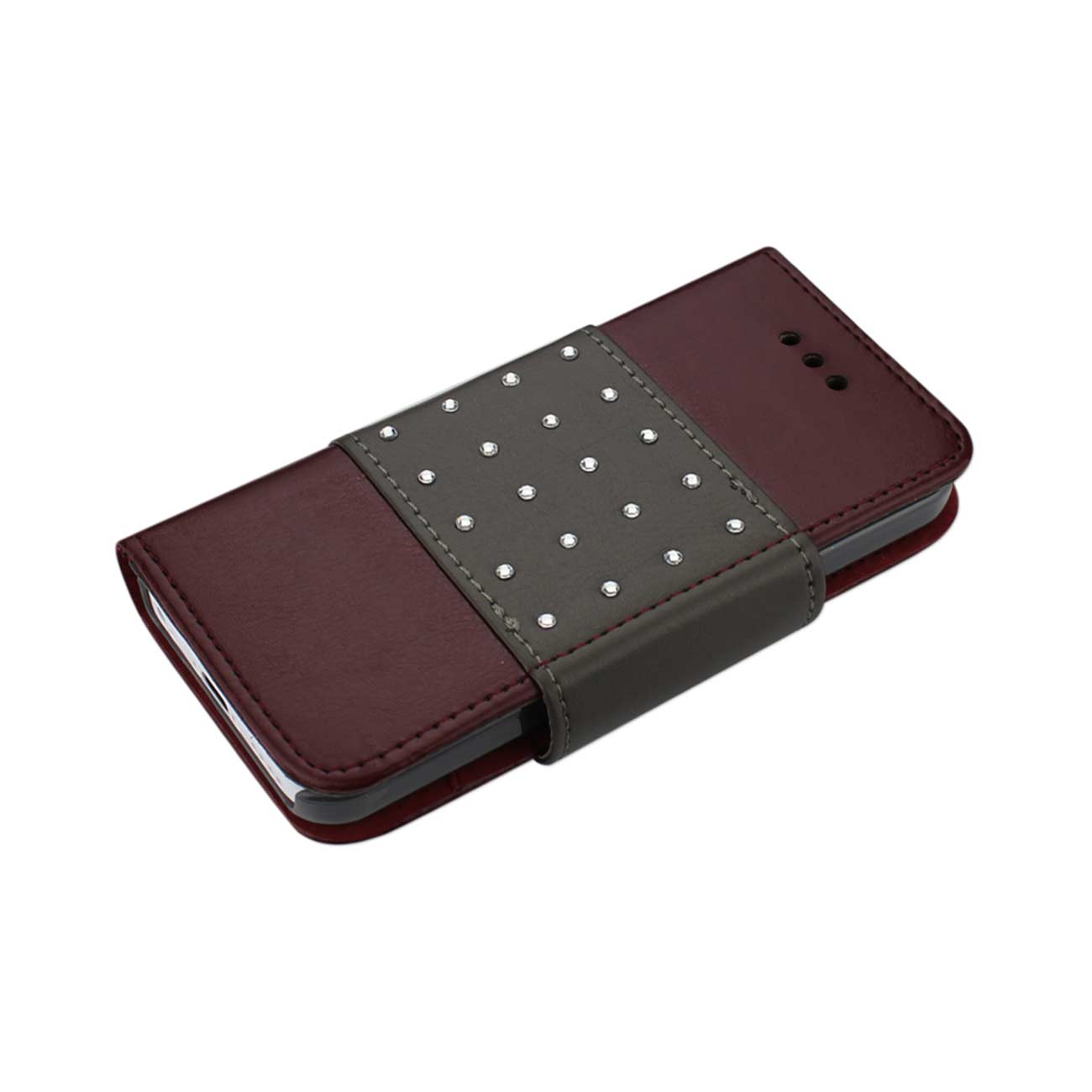 iPhone 5C Jewelry Diamond Studs Belt Wallet Case In Dark Red