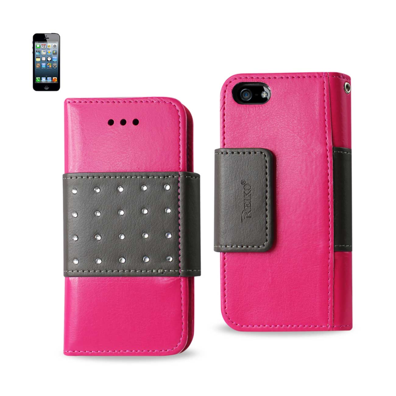 Reiko iPhone Se/ 5S/ 5 Jewelry Diamond Studs Belt Wallet Case In Hot Pink