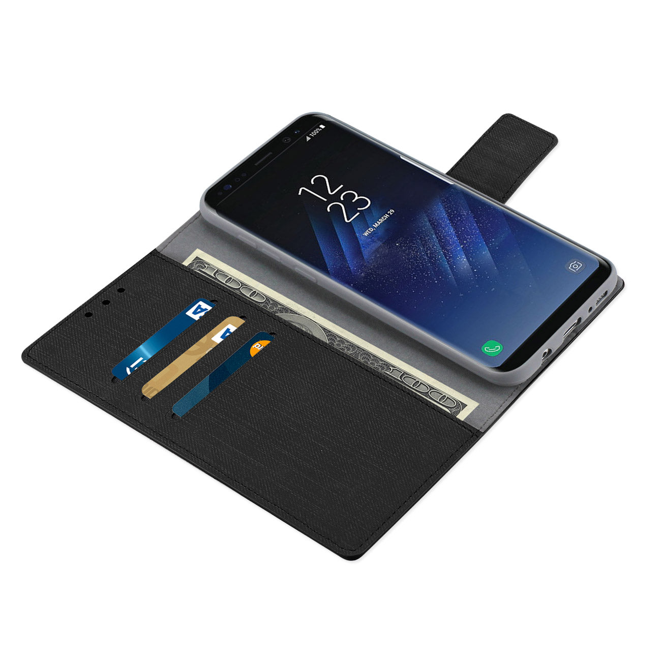 Wallet Case Denim Gummy Inner Shell Kickstand Function Samsung Galaxy S8 Edge/ S8 Plus Black Color