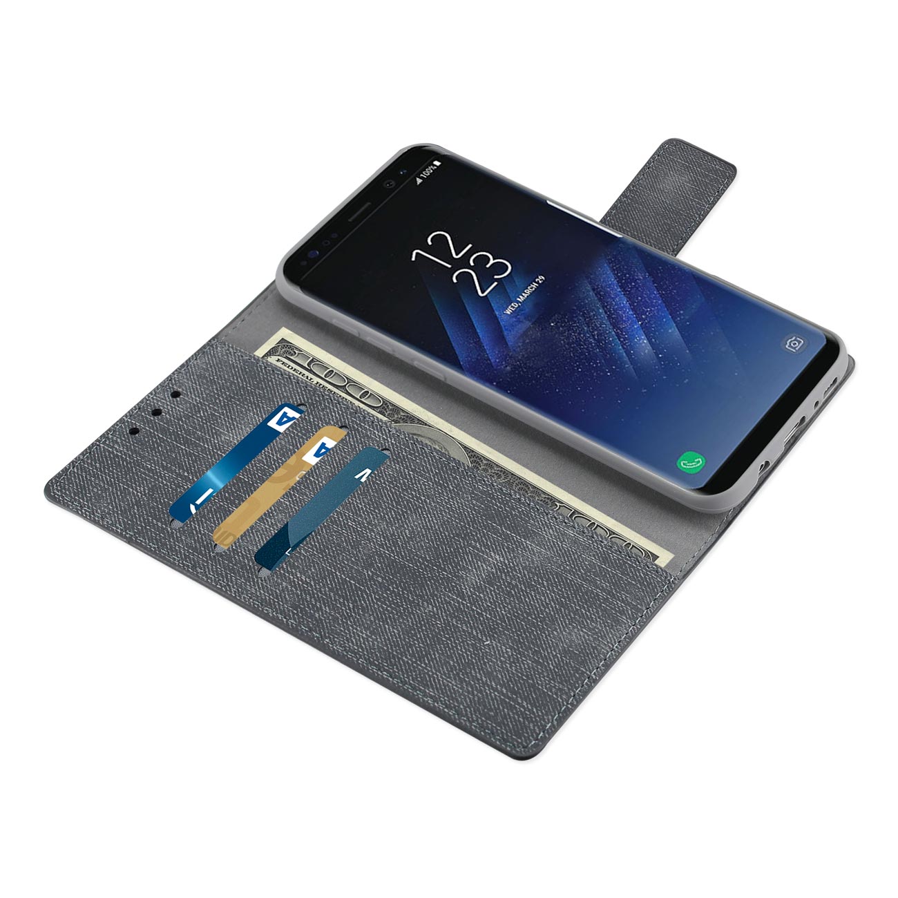 Wallet Case Denim Gummy Inner Shell Kickstand Function Samsung Galaxy S8 Edge/ S8 Plus Gray Color