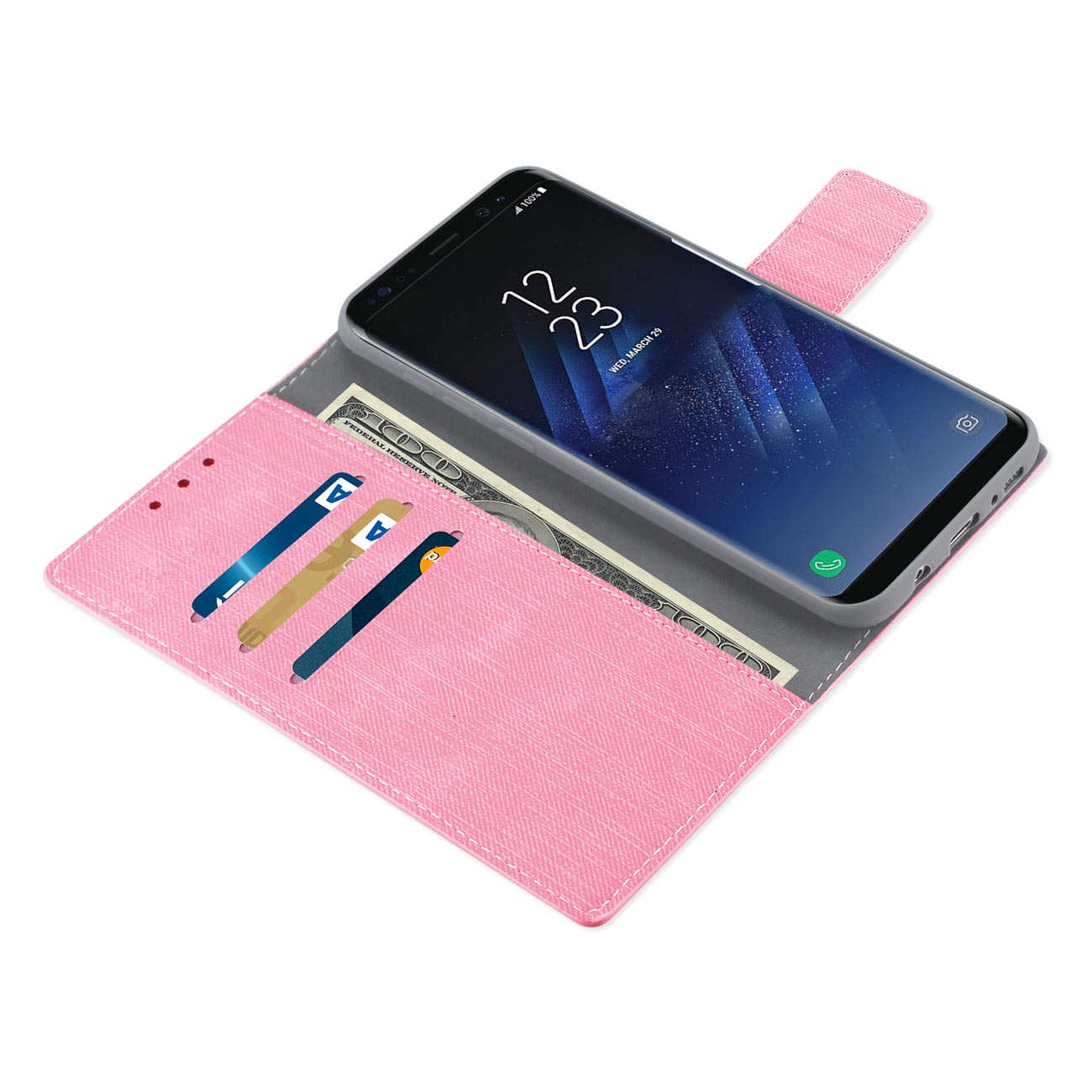 Wallet Case Denim With Gummy Inner Shell Kickstand Function Samsung S8 Edge/ S8 Plus Pink Color