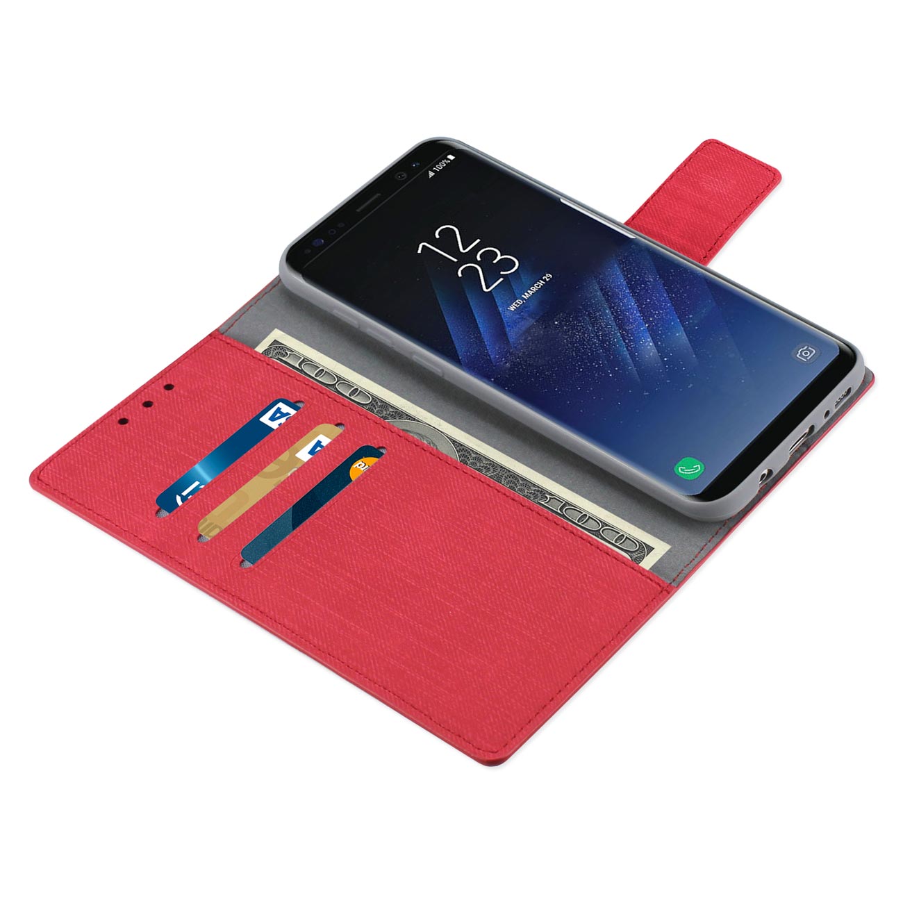 Wallet Case Denim Gummy Inner Shell Kickstand Function Samsung S8 Edge/ S8 Plus Red Color