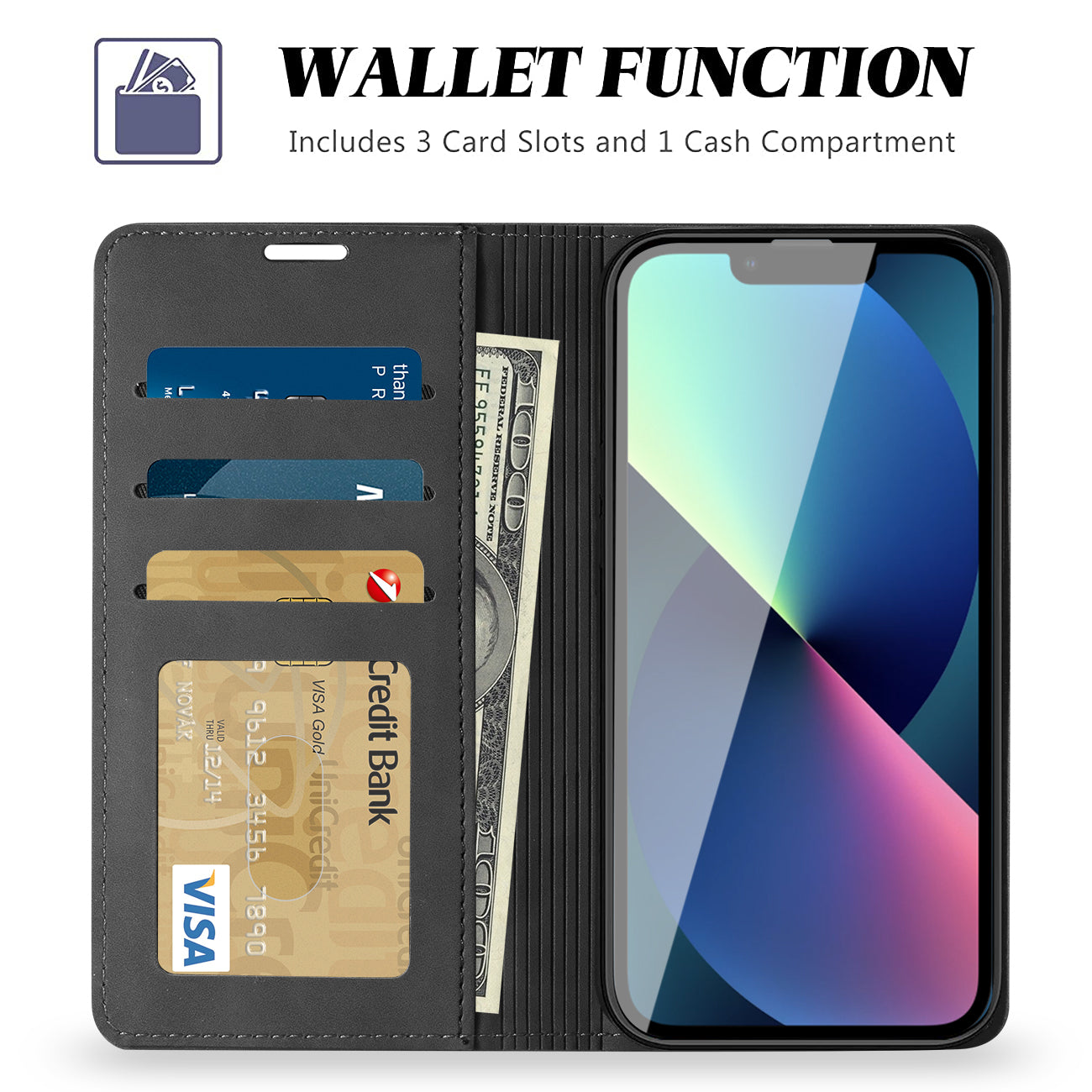 Wallet Phone Case Leather Magnetic Apple iPhone 13 Mini Black Color