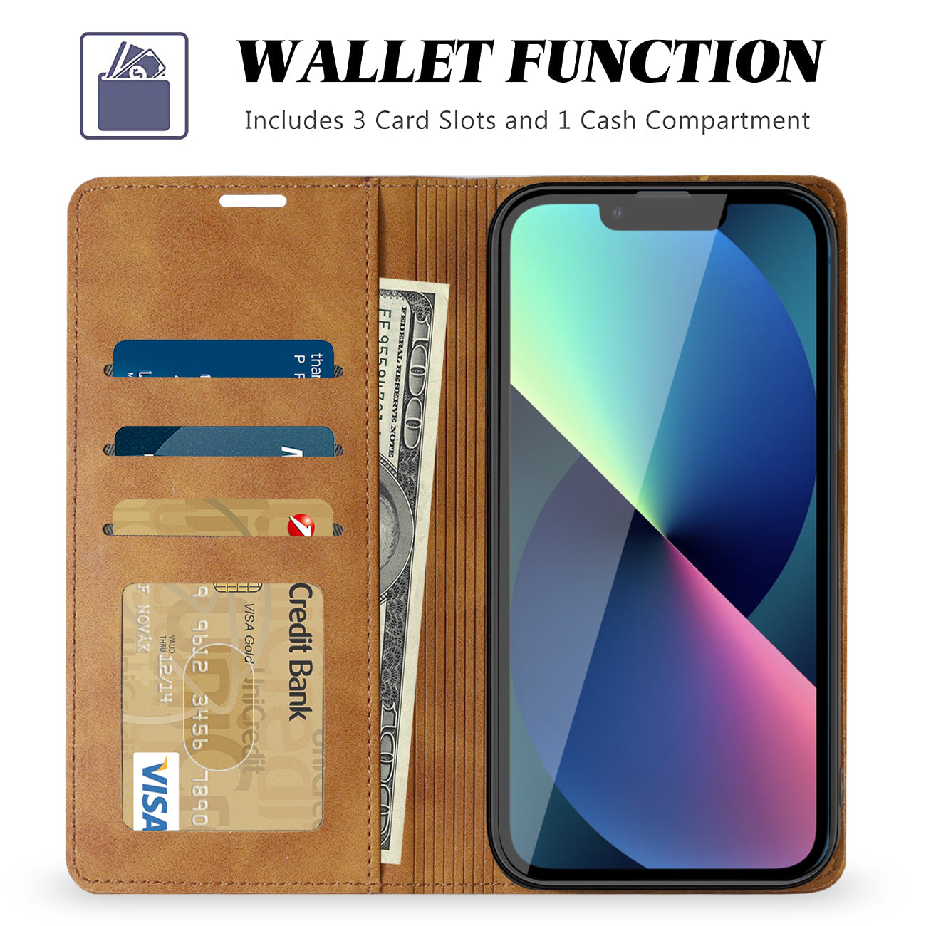 Wallet Phone Case Leather Magnetic Apple iPhone 13 Mini Brown Color