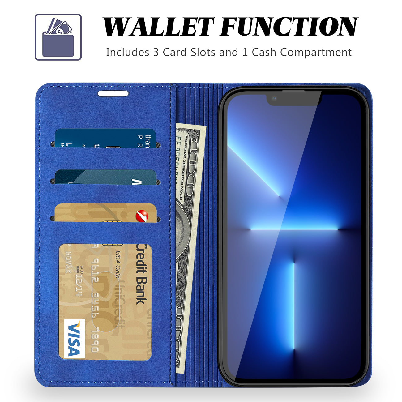 Wallet Phone Case Leather Magnetic Apple iPhone 13 Pro Blue Color