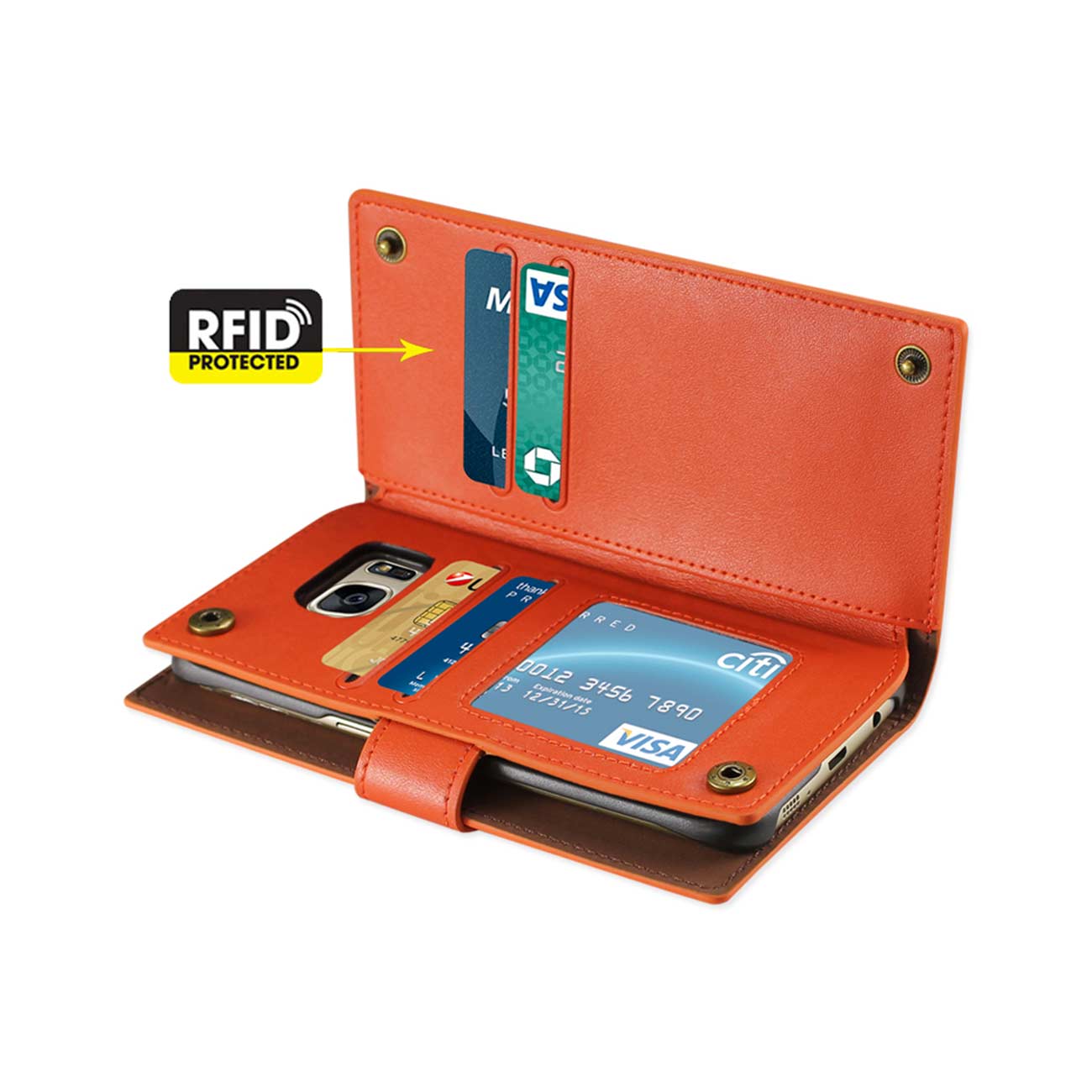 Wallet Case Genuine Leather RFID Samsung Galaxy S7 Edge Tangerine Color