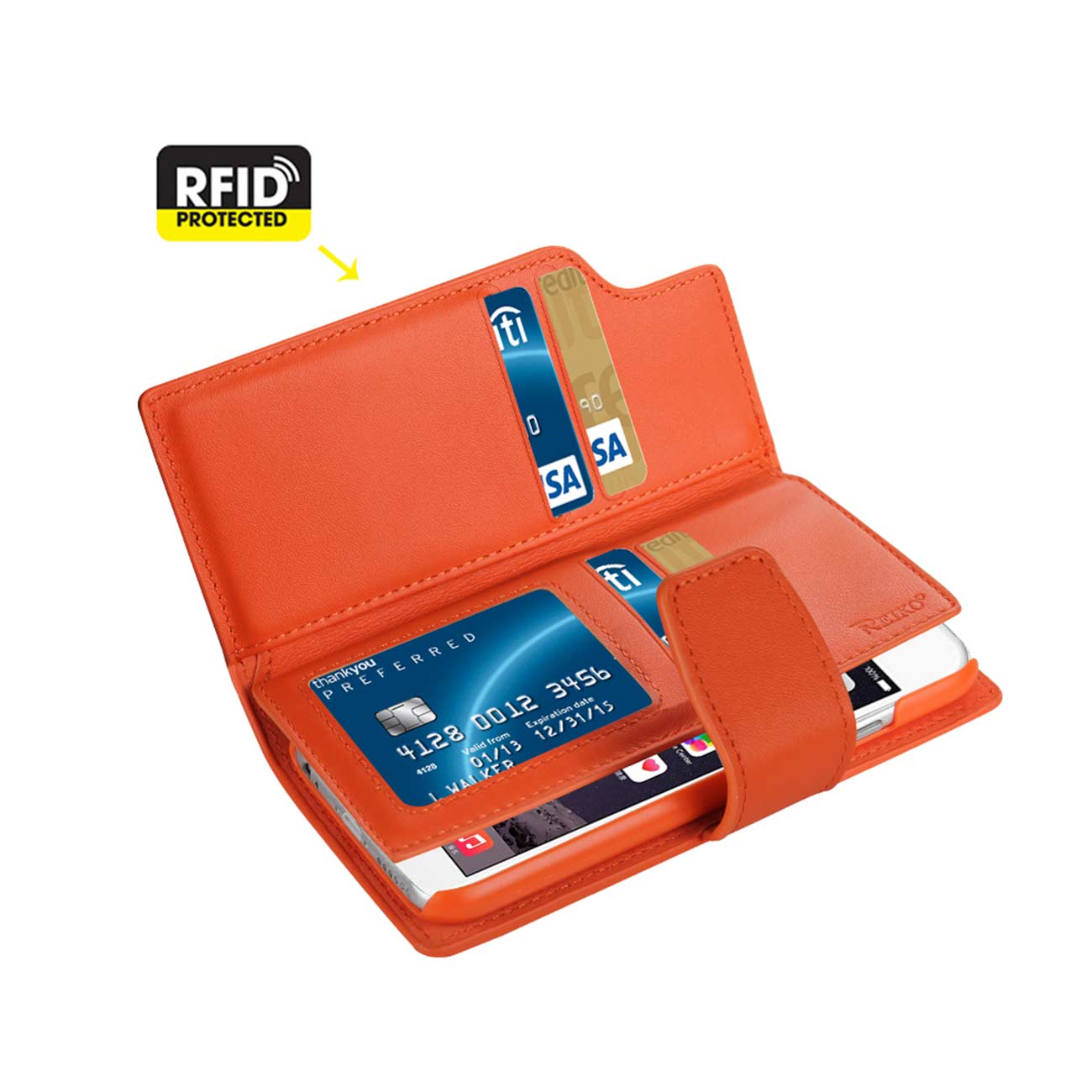 Wallet Case Genuine Leather With Open Thumb Cut iPhone 6 Tangerine Color