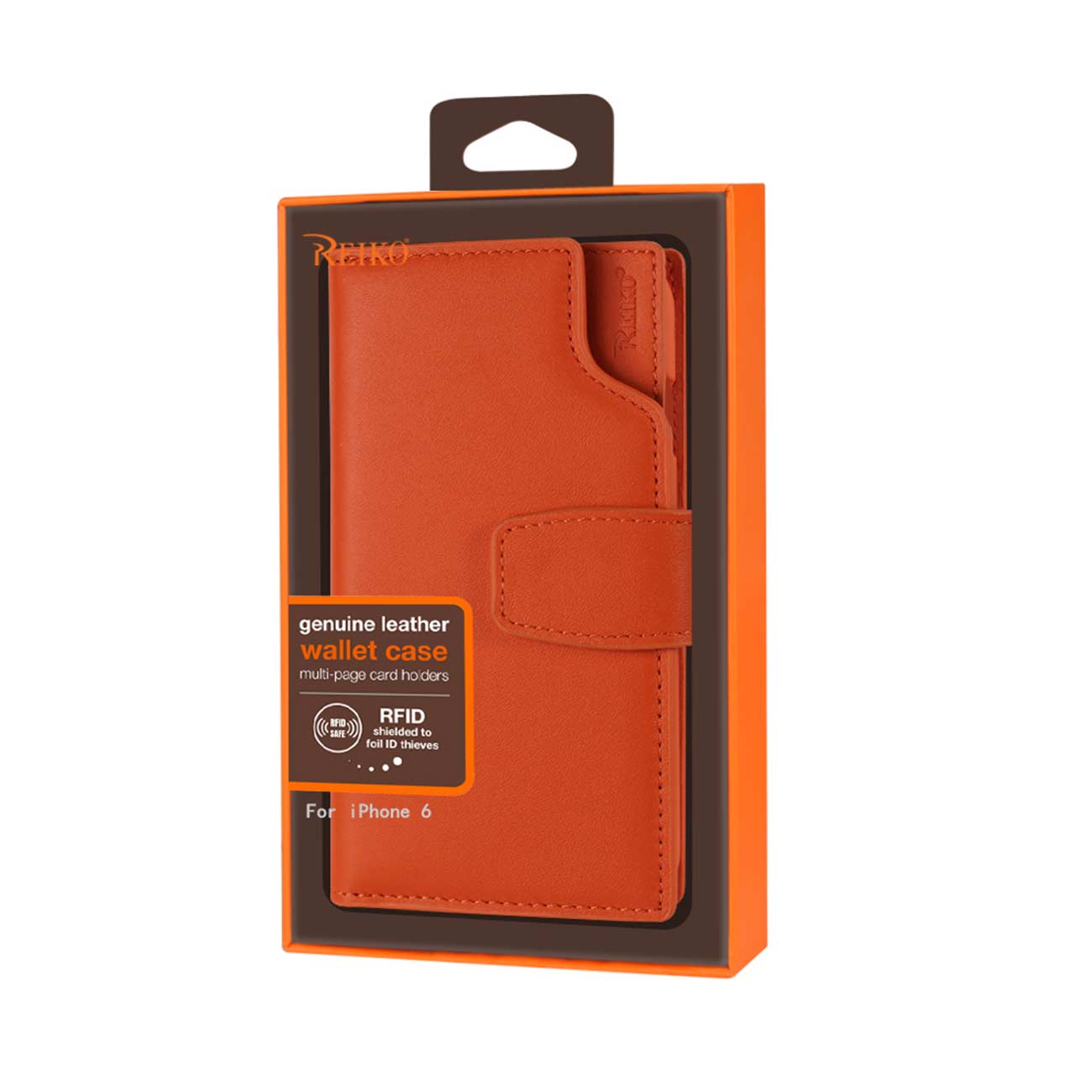 Wallet Case Genuine Leather With Open Thumb Cut iPhone 6 Tangerine Color