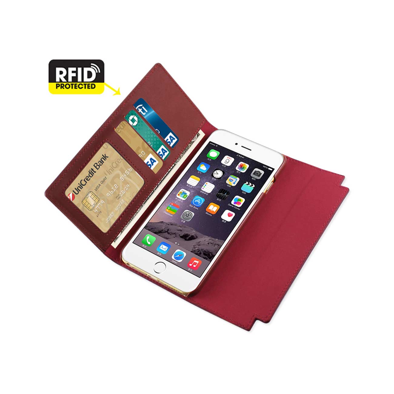 Wallet Case Genuine Leather RFID Metal Buckle Belt iPhone 6S Plus Burgundy Color