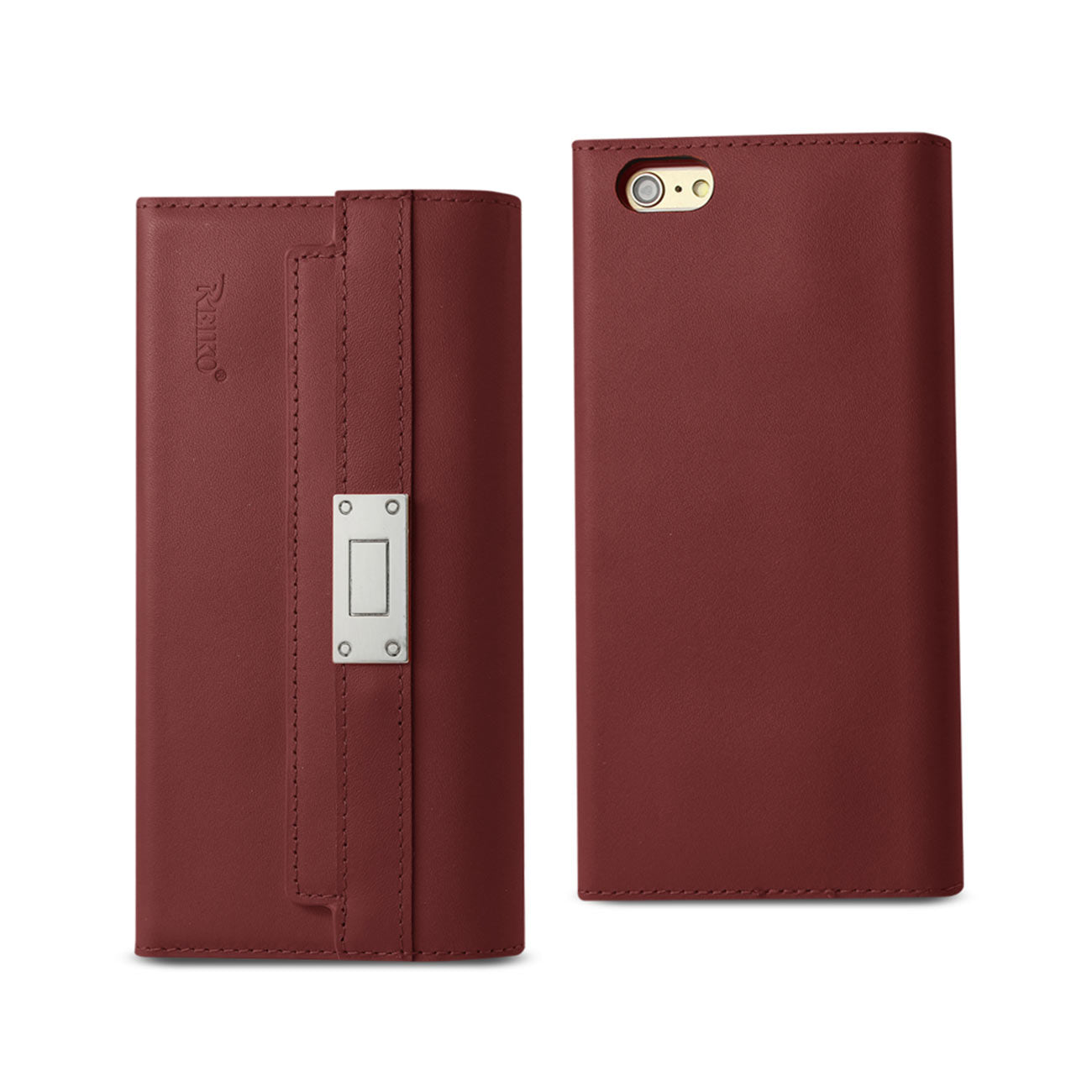 Wallet Case Genuine Leather RFID Metal Buckle Belt iPhone 6S Burgundy Color