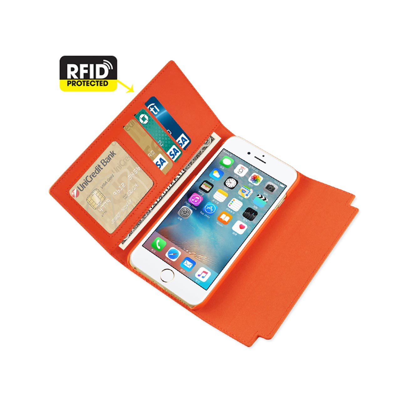 Wallet Case Genuine Leather RFID Metal Buckle Belt iPhone 6S Tangerine Color