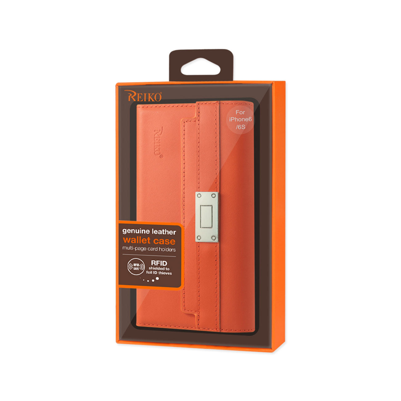 Wallet Case Genuine Leather RFID Metal Buckle Belt iPhone 6S Tangerine Color