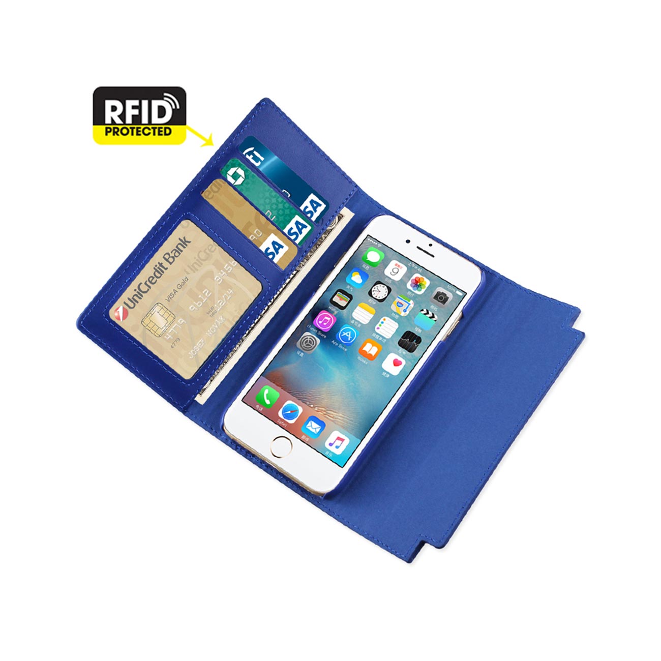 Wallet Case Genuine Leather RFID Metal Buckle Belt iPhone 6S Ultramarine Color