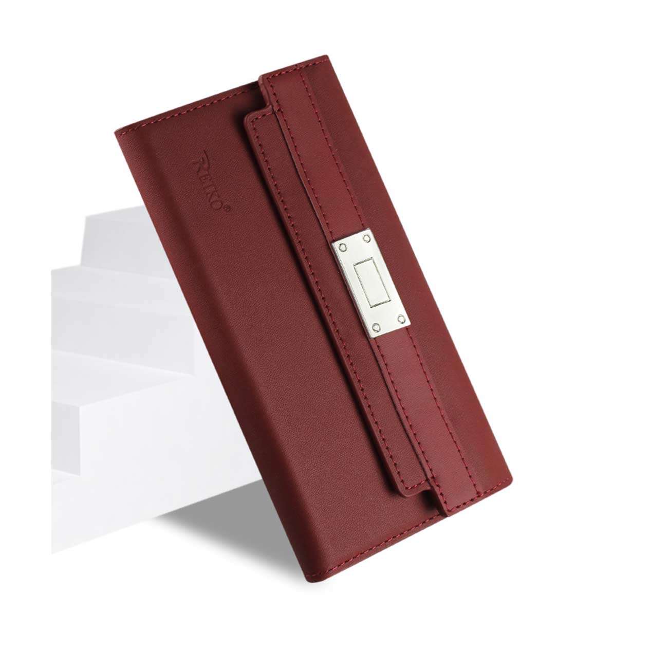Wallet Case Genuine Leather RFID Metal Buckle Belt Samsung Galaxy Note 5 Burgundy Color