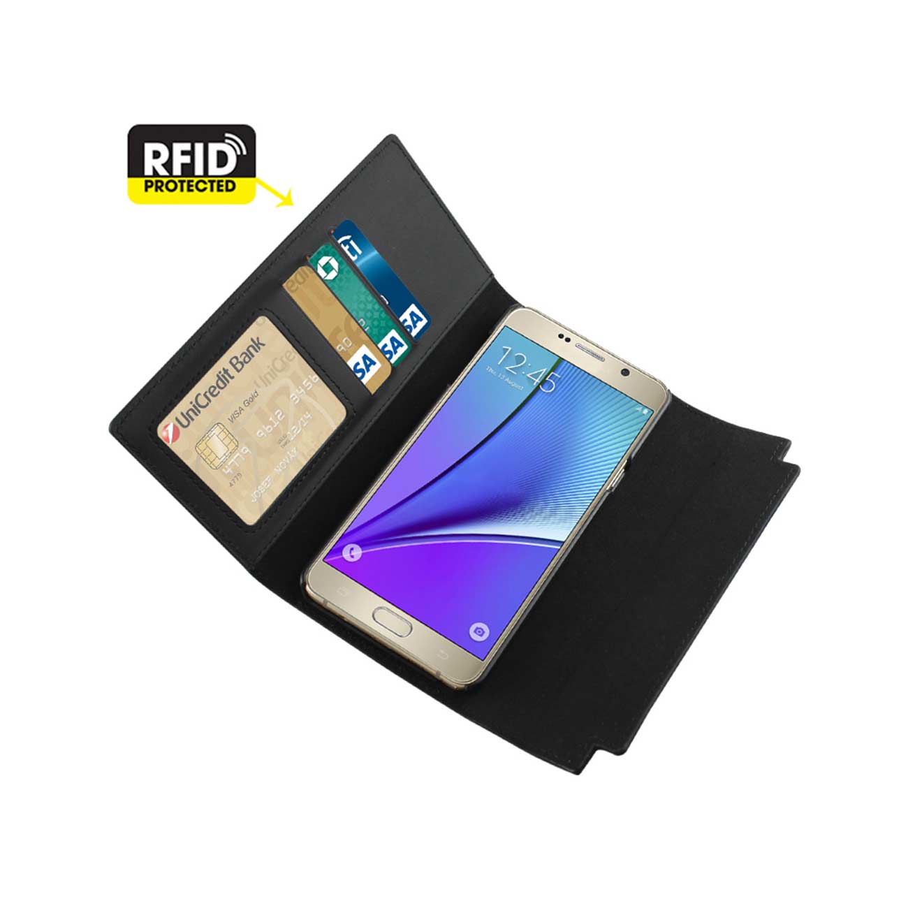 Wallet Case Genuine Leather RFID Metal Buckle Belt Samsung Galaxy Note 5 Black Color