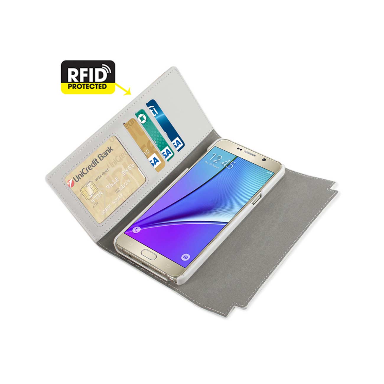 Wallet Case Genuine Leather RFID Metal Buckle Belt Samsung Galaxy Note 5 Ivory Color