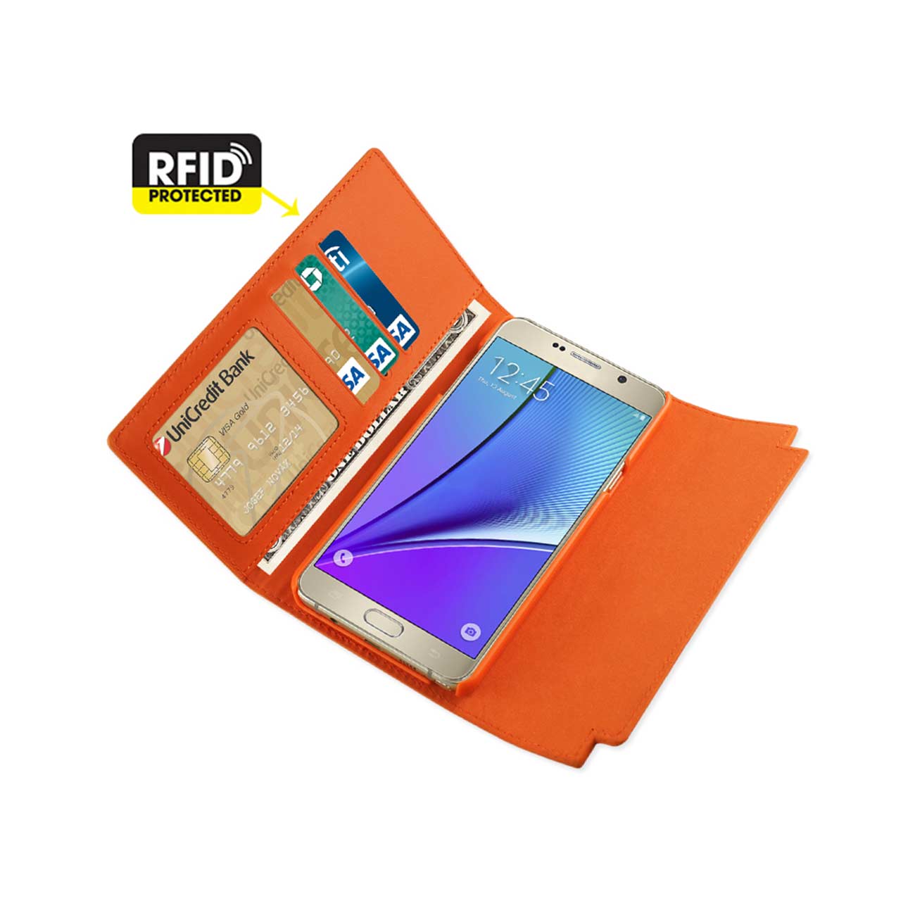 Wallet Case Genuine Leather RFID Metal Buckle Belt Samsung Galaxy Note 5 Tangerine Color