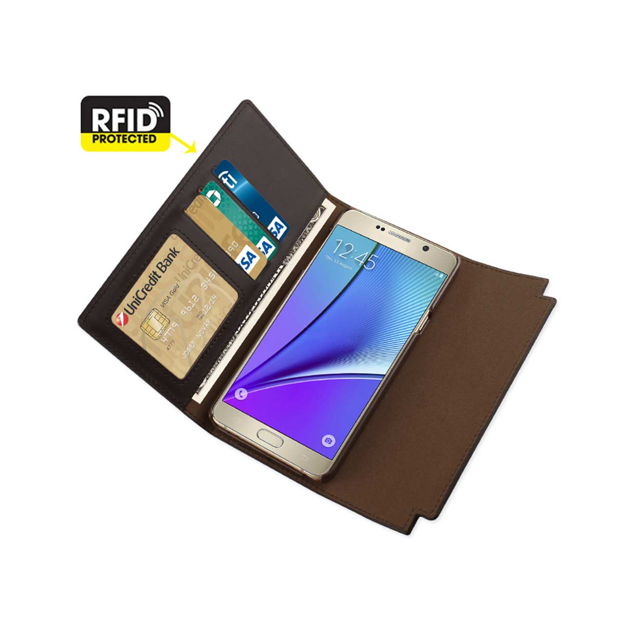 Wallet Case Genuine Leather RFID Metal Buckle Belt Samsung Galaxy Note 5 Umber Color