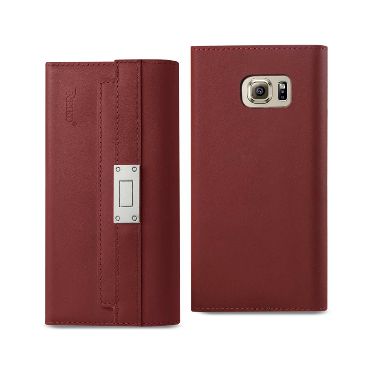 Wallet Case Genuine Leather RFID Metal Buckle Belt Samsung Galaxy S6 Burgundy Color